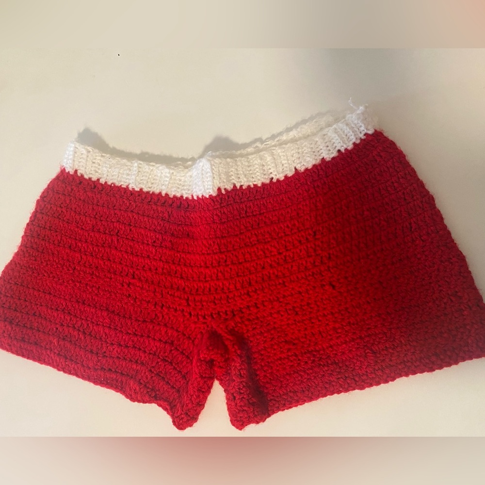 Handmade Red Crochet Shorts with White Trim